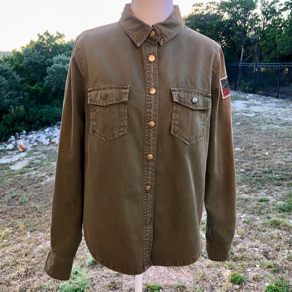 Military Army Olive Green Long Sleeve Button Down Shirt Size M Fall Casual F21
